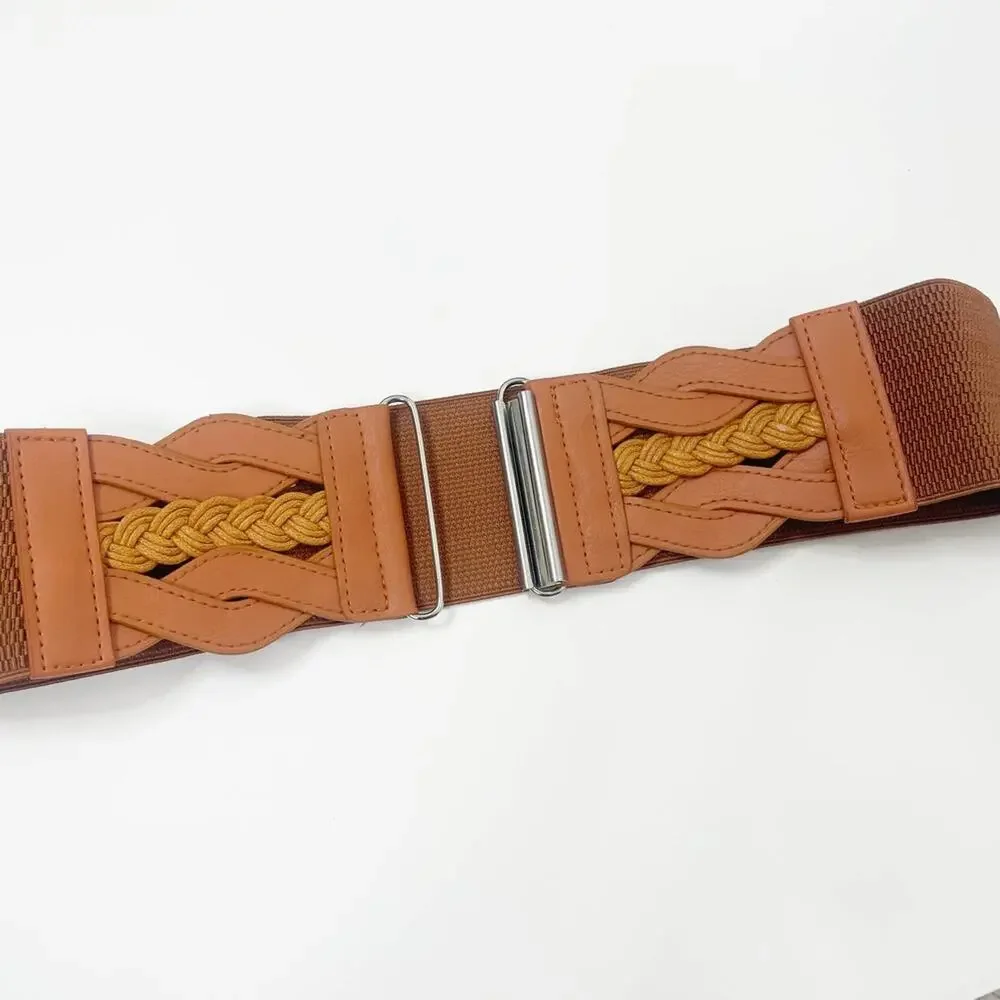 2/$30 New Elastic Wide Waist Belt Braided Camel Brown Caramel Tan
